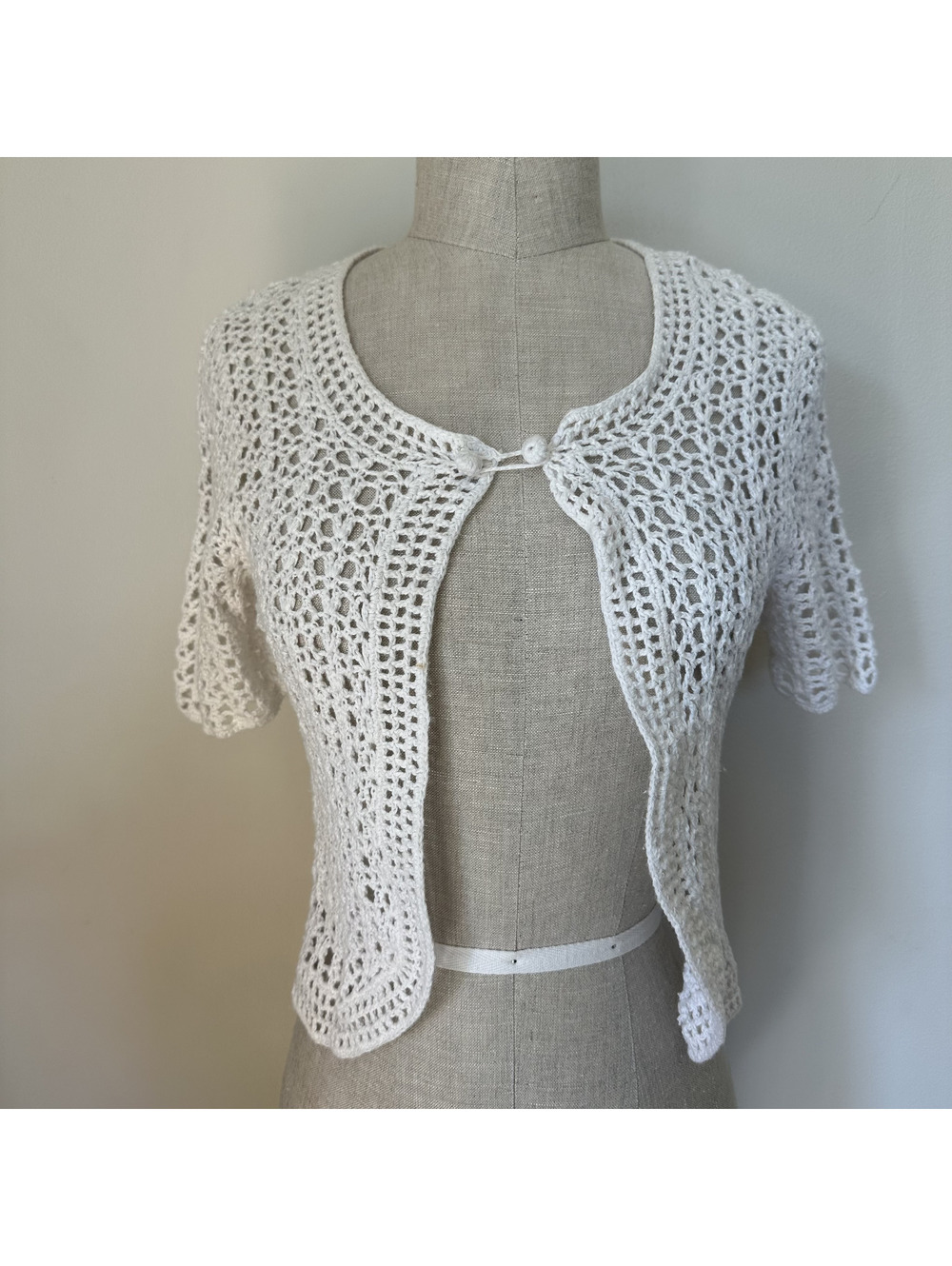 Vintage RK Knits White Open Crochet Short Sleeve Cardigan Small